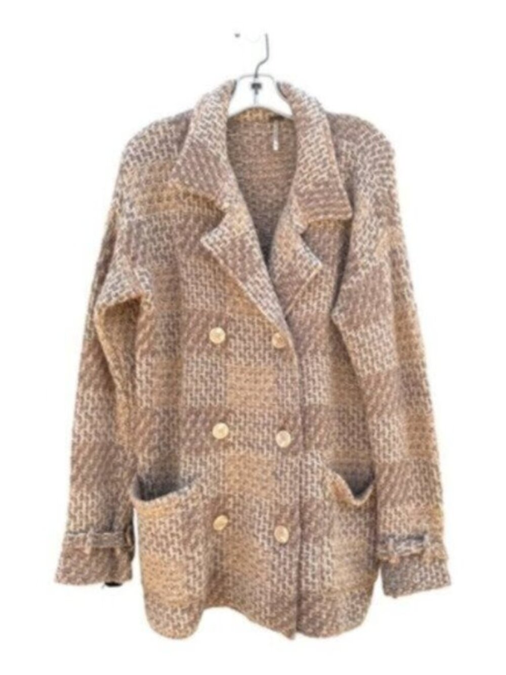 Free People "Double Check" Plaid Cardigan Sweater Jacket - Tan/Cream Size S
